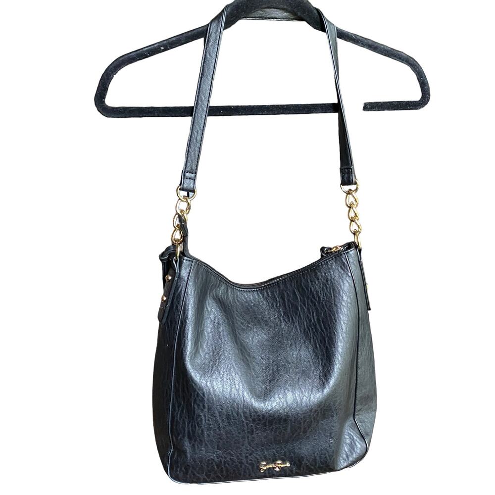 Jessica Simpson Handbag Shlder Tote Purse Blk Textured PVC Gold Chain studs - Picture 2 of 11